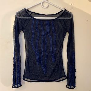Navy mesh long sleeve top .
